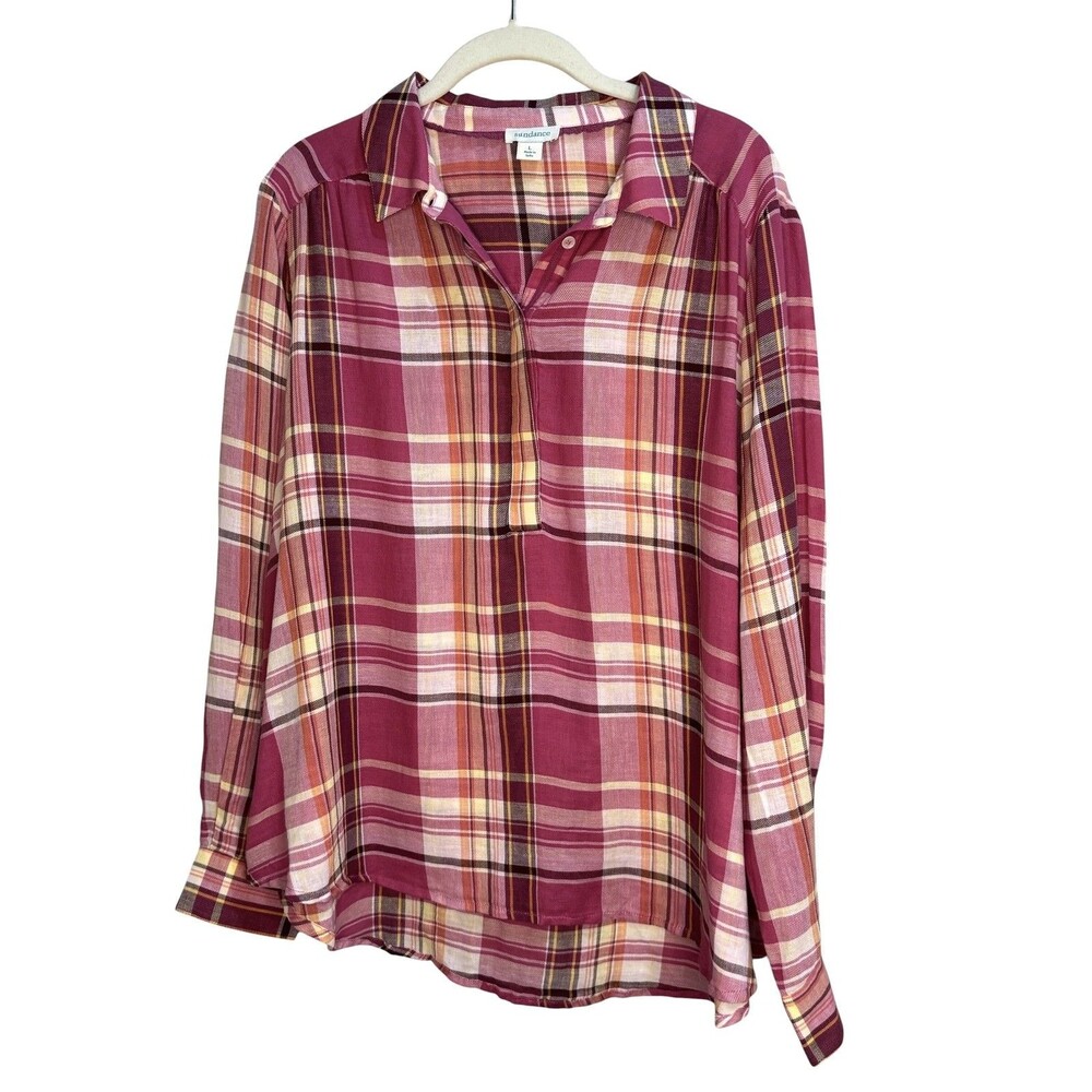 Sundance Blouse Womens Large Pink Plaid Collared Tunic Long Sleeve Cotton Top